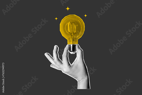 Halftone collage retro banner, paper cut elements. Hand holding a glowing light bulb on a dark background. Answer, idea, problem solving or business solution concept.