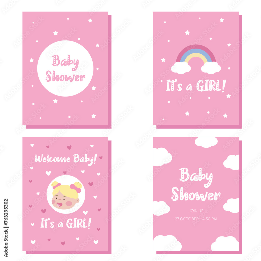 Baby shower flyer template for baby's birthday or gender reveal. Greeting card invitation to baby shower party on pink background. It's a girl. Cartoon vector illustration Baby shower flyer template for baby's birthday or gender reveal. Greeting card invitation to baby shower party on pink background. It's a girl. Cartoon vector illustration