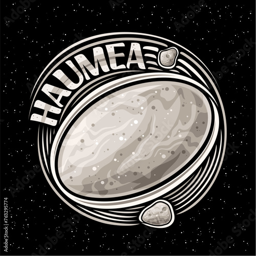 Vector logo for Dwarf Planet Haumea, decorative cosmo print with orbiting moons Hi'iaka and Namaka around planet, square space poster with unique letter for grey text haumea on black starry background