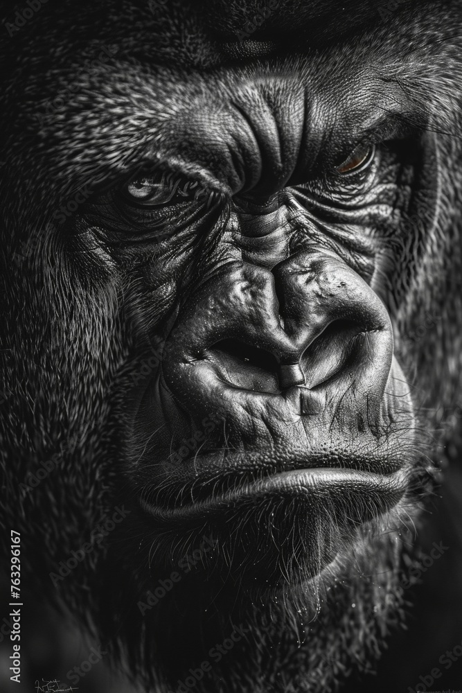 Gorilla Close Up Portrait on Black Background in Black and White