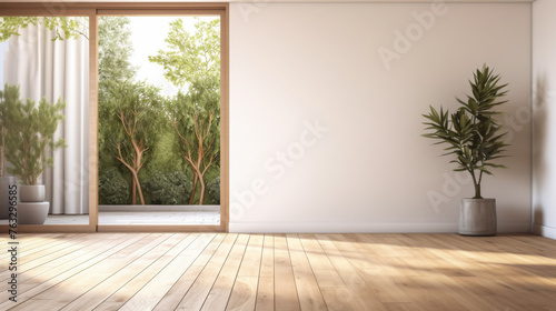 A large open room with a wooden floor and a large window. The room is empty and has a minimalist feel © Bouchra
