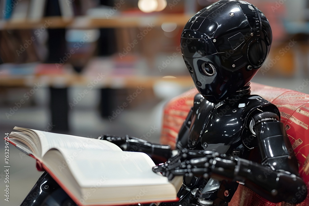 A robot holding a book in his hands and reading in a library A robot holding a book in his hands and reading in a library