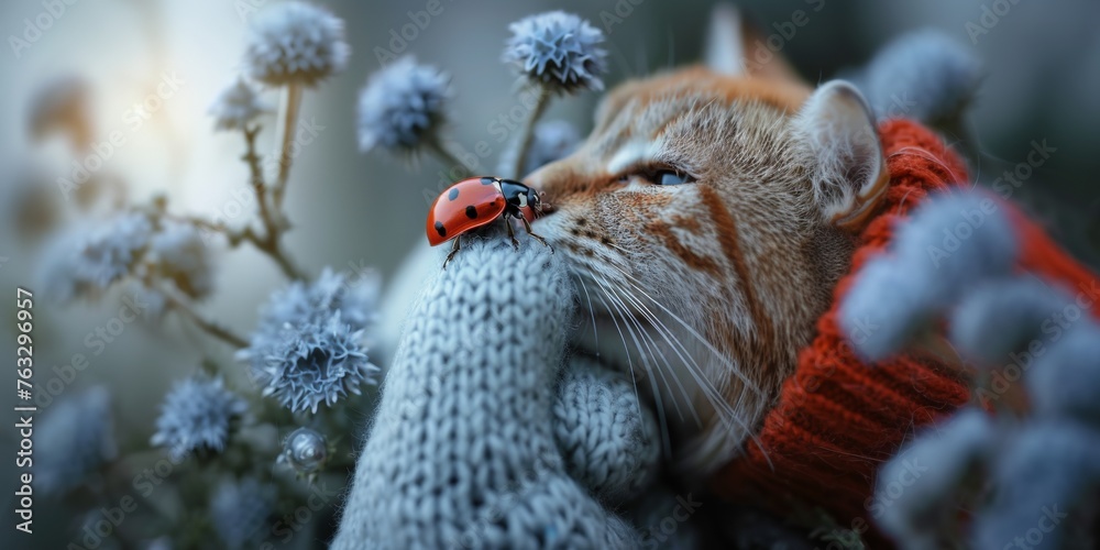 Naklejka premium Ladybug on Knitted Glove with Cat