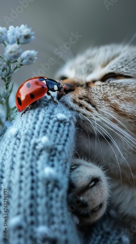 Ladybug on Knitted Glove with Cat