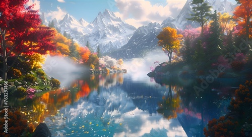 A breathtaking view of a mountain lake surrounded by snow-capped peaks  with colorful autumn trees reflected in the crystal-clear water