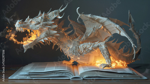 a sculpture of a dragon breathing fire, intricately formed from the pages of a book, emerging dramatically from the book on a dark background.