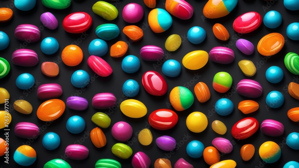 Colorful candies on black background. Top view. 3d rendering