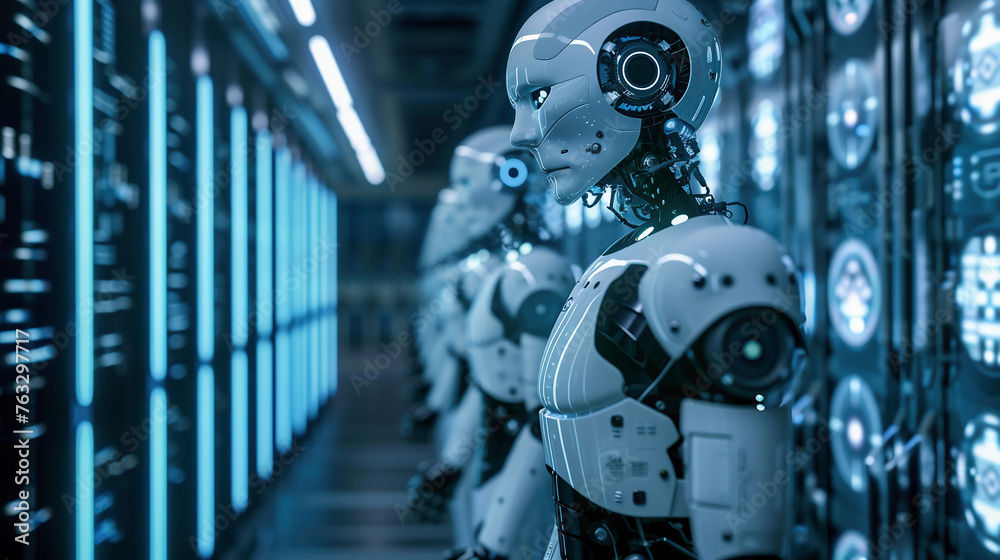robot army or group of cyborgs in factory robot army or group of cyborgs in factory