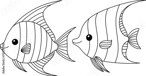 Cute Kawaii Sea fish Cartoon Character Coloring Page Vector Illustration
