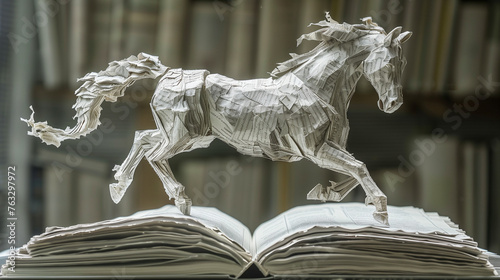 a sculpture of a galloping horse, exquisitely formed from the pages of a book, showcased on an open book on a table.