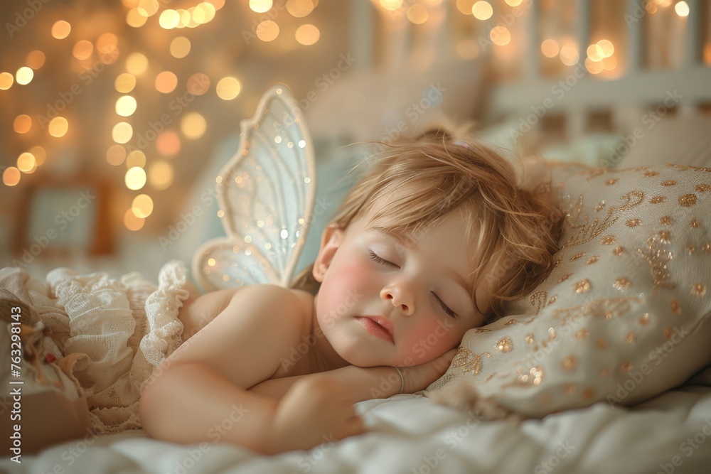 Сute little angel with wings sleeping sweetly on a pillow in a beautiful pastel colored nursery. Concept of a happy childhood and healthy sleep Сute little angel with wings sleeping sweetly on a pillow in a beautiful pastel colored nursery. Concept of a happy childhood and healthy sleep