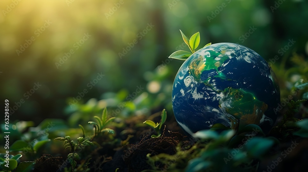 Earth planet sphere on green leaves background. Ecology and environment care concept Earth planet sphere on green leaves background. Ecology and environment care concept