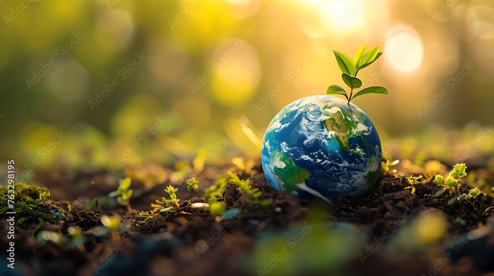 Earth planet sphere on green leaves background. Ecology and environment care concept Earth planet sphere on green leaves background. Ecology and environment care concept