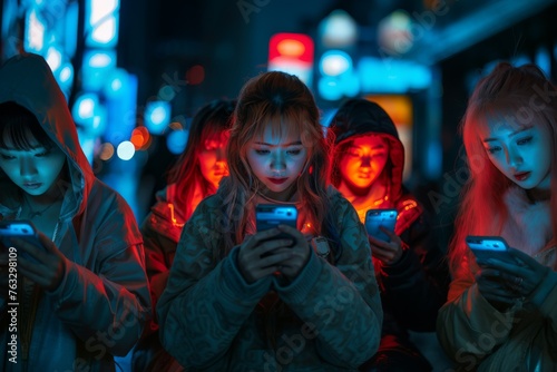 Group of asian people using their smartphones outdoors, completely engrossed in their screens oblivious to their surroundings. Technology, gadgets, phubbing, phone and internet addiction concept photo