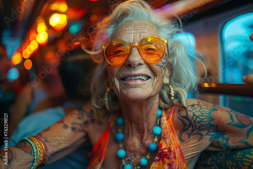 A vivid portrait of an elderly tattooed woman exuding happiness and vibrant personality