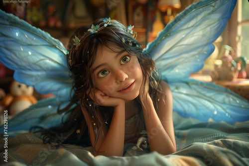 Beautiful tooth fairy lying on a bed of child and watching him sleep. She has beautiful blue sparkilng wings and headband of flowers photo