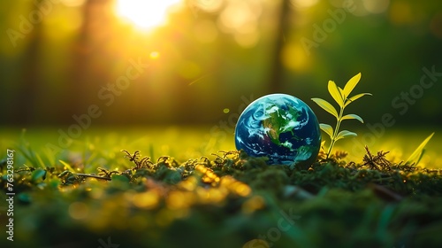 Earth planet sphere on green leaves background. Ecology and environment care concept