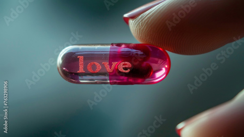 Fingers Holding Blue Red Pill with "LOVE" Text