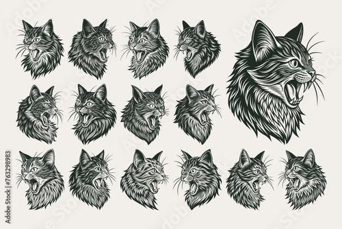 Collection of side view meowing british longhair cat head illustration