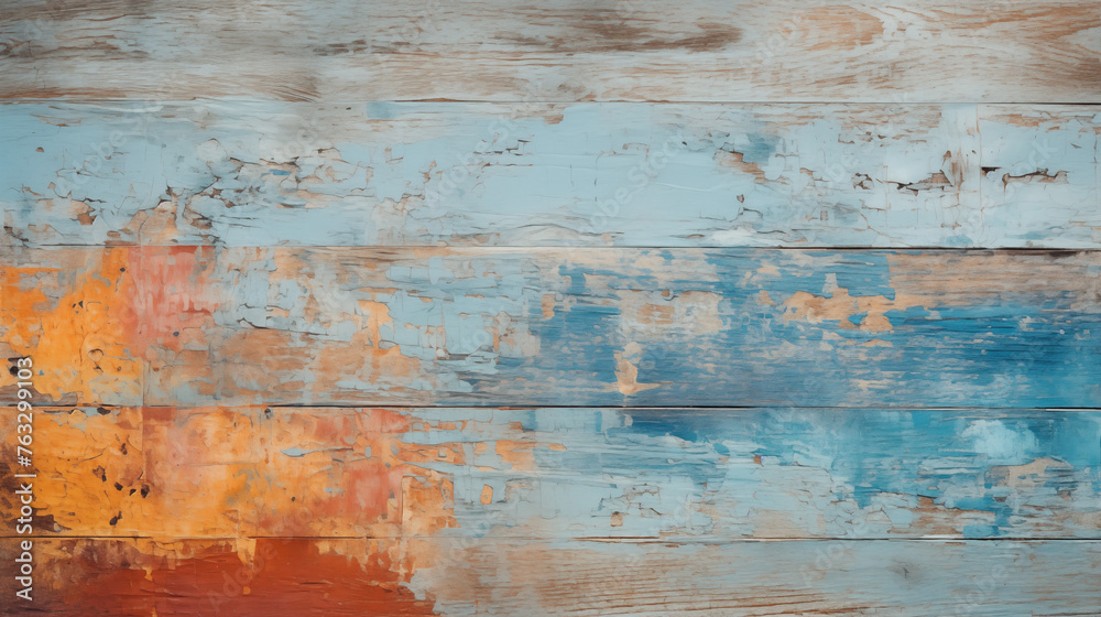 Distressed Wooden Surface with Turquoise and Orange Paint