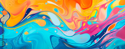 This abstract painting showcases a blend of blue, yellow, and pink colors in varying shapes and sizes. The colors create a vibrant and dynamic composition that draws the viewers. Banner. Copy space photo