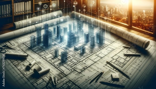 Architectural blueprint overlaid with holographic urban development, depicting futuristic city planning and smart urban design concepts
