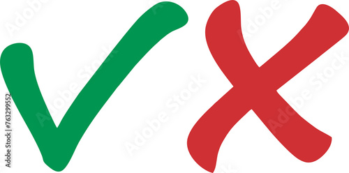 Tick and Cross sign hand drawn in high HD resolution on transparent background. Good for vote, election choice, check marks, approval signs. Red X and green OK symbol icons. PNG format
