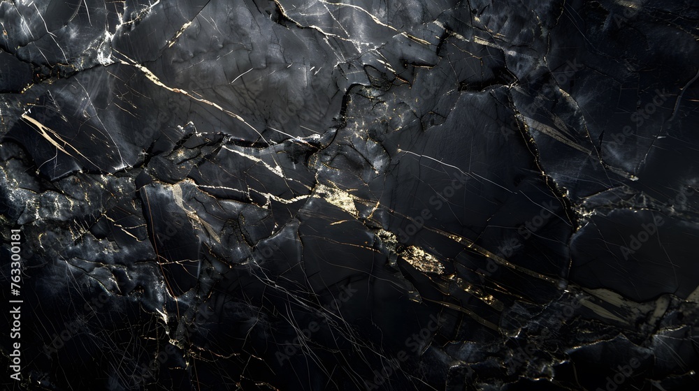 Elegant and luxurious black marble stone texture with golden veins, high gloss finish for wallpaper background - obrazy, fototapety, plakaty 