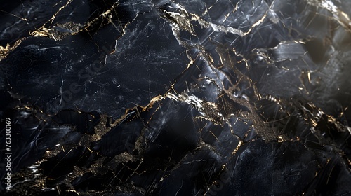 Refined and opulent abstract black marble stone texture with golden veins, glossy black marble for wallpaper background