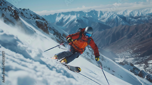 Advanced skier slides near mountain downhill. Sports descent on skis in mountains hills. Generative Ai