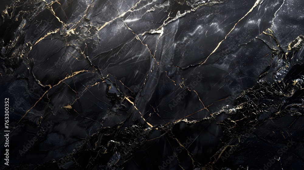 Sophisticated and deluxe abstract black marble stone texture with golden veins, glossy black marble for wallpaper background