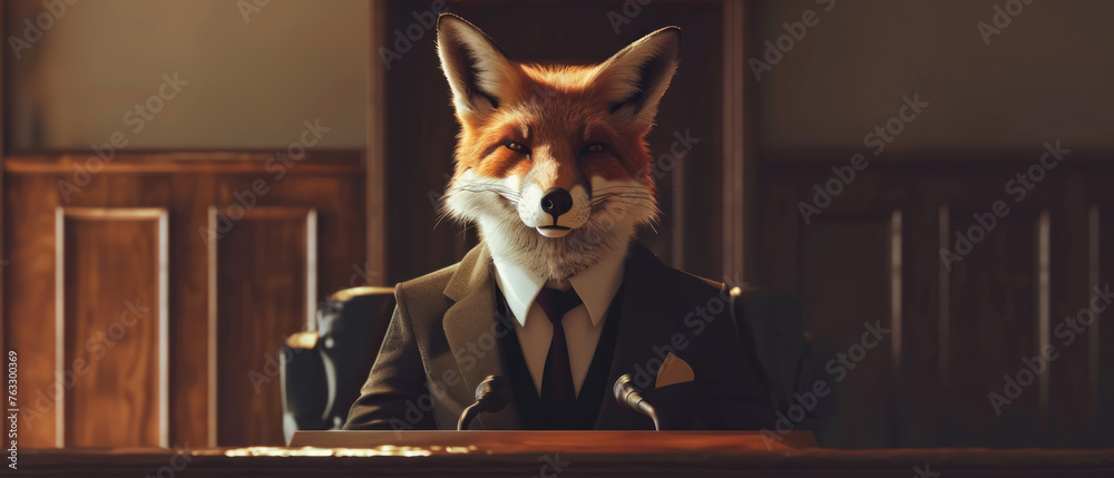 Dapper fox in a tailored suit, standing behind a courtroom podium, serving as a sharp and cunning defense attorney presenting a case. - obrazy, fototapety, plakaty 