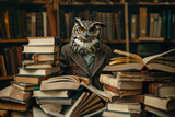 Bespectacled owl in a tweed blazer, perched atop a pile of books, acting as a wise librarian carefully organizing the library shelves.