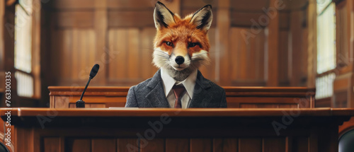 Dapper fox in a tailored suit, standing behind a courtroom podium, serving as a sharp and cunning defense attorney presenting a case.