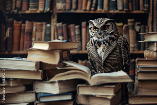 Bespectacled owl in a tweed blazer, perched atop a pile of books, acting as a wise librarian carefully organizing the library shelves. photo