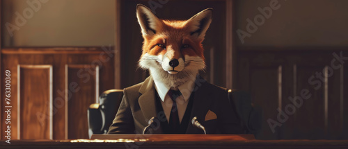 Dapper fox in a tailored suit, standing behind a courtroom podium, serving as a sharp and cunning defense attorney presenting a case. photo