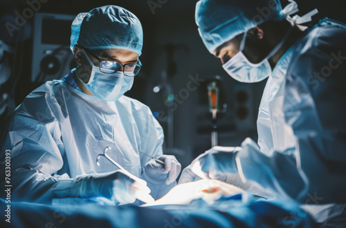 Surgeons in scrubs performing an operation under bright lights in a sterile hospital surgery room