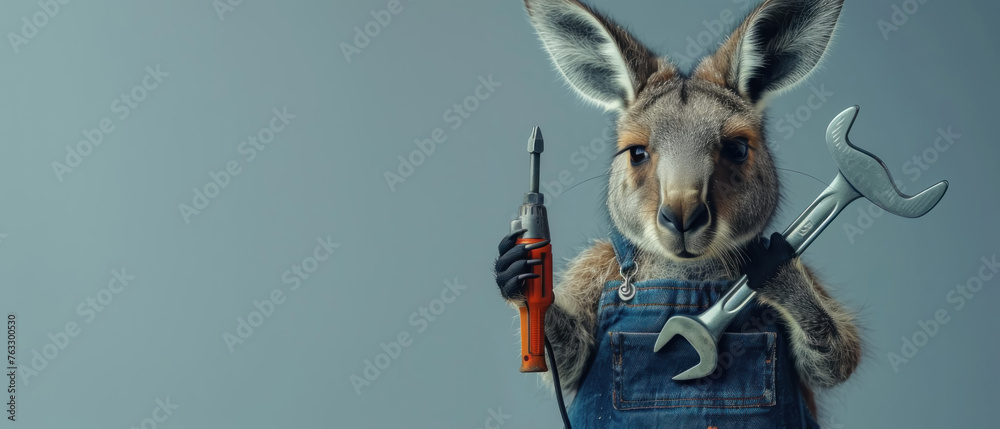 Fototapeta premium Kangaroo in mechanic's overalls, expertly wielding a wrench as it fixes a car, playing the part of a skilled and resourceful auto mechanic.