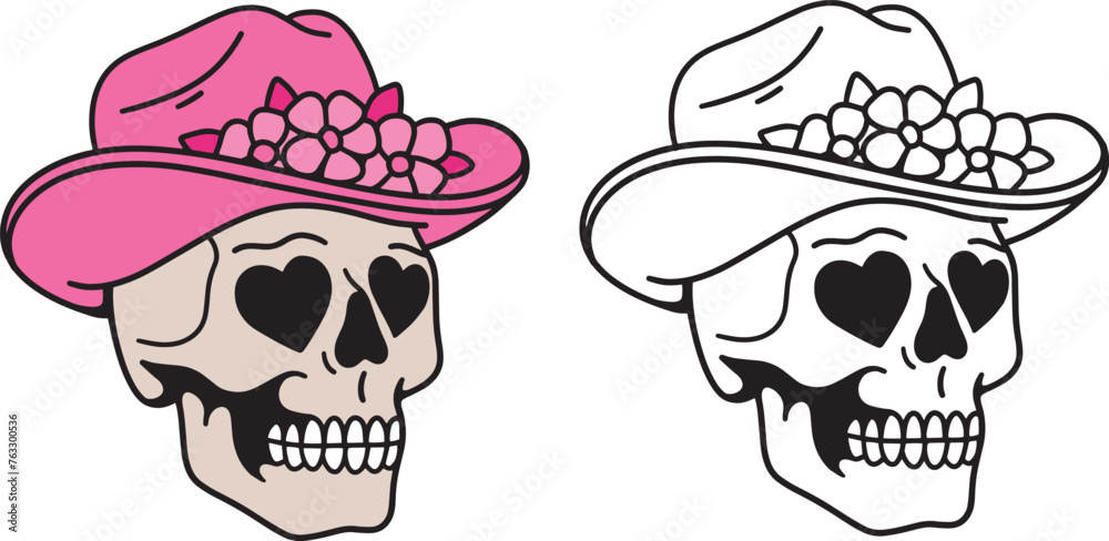 Skull with heart shaped eyes with cowboy hat and flowers. Girl pink skull, y2k core, flat illustration outline and color