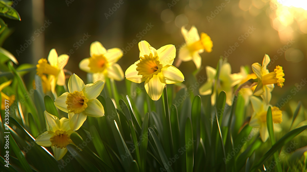 A close-up of a cluster of yellow daffodils swaying in the spring breeze, with their bright petals illuminated by sunlight