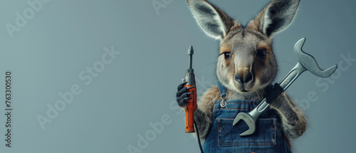 Kangaroo in mechanic's overalls, expertly wielding a wrench as it fixes a car, playing the part of a skilled and resourceful auto mechanic.