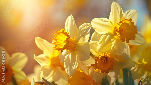 A close-up of a cluster of yellow daffodils swaying in the spring breeze  with their bright petals illuminated by sunlight