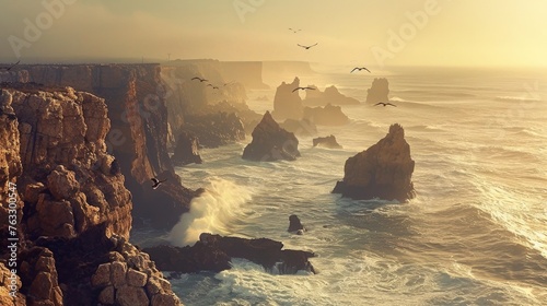 Rocky Coast of Atlantic Ocean in Portugal at Sunset, Vintage Style Toned Picture © Ebru