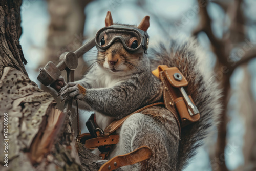 Squirrel in safety goggles and a tool belt, climbing a tree with a hammer in hand, working diligently as a carpenter specializing in treehouse construction.
