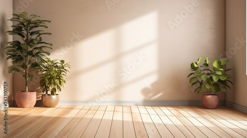 A large empty room with two potted plants on either side of a window. The room is bare and uncluttered, with a simple design that emphasizes the natural beauty of the plants