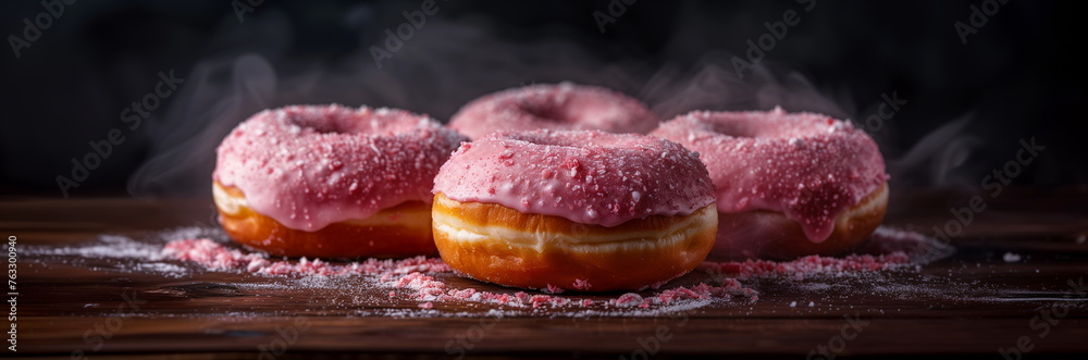 Banner with tasty donuts with topping, pink, panoramic for website, aesthetic Banner with tasty donuts with topping, pink, panoramic for website, aesthetic