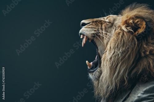 Lion in a tailored blazer  leading a business meeting  roaring with leadership as a corporate executive