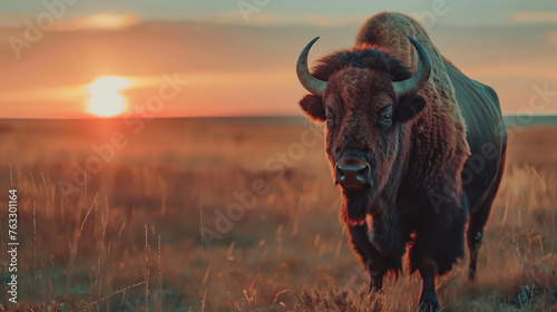 Bison in rugged denim and leather, standing in a field with a sunset horizon, representing timeless Americana workwear.