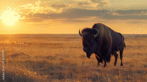 Bison in rugged denim and leather, standing in a field with a sunset horizon, representing timeless Americana workwear.