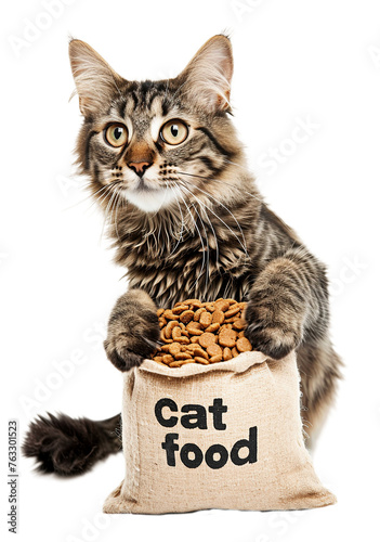Cute cat with a bag of dry food on a transparent background.